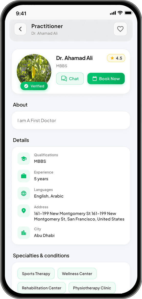 PhysioTrack app – Practitioner profile